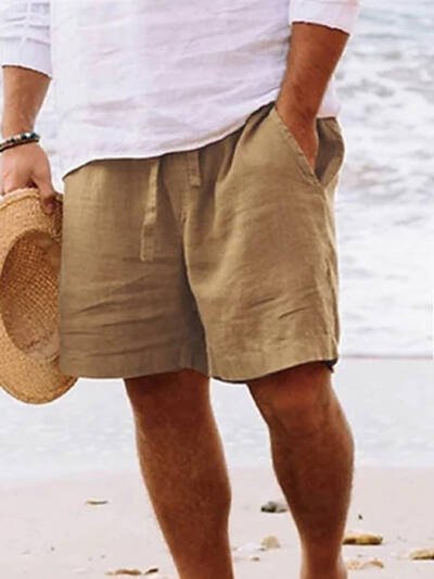 Summer Drawstring Shorts With Pockets Fashion Casual Solid Color Vacations Beach Pants Mens Clothing