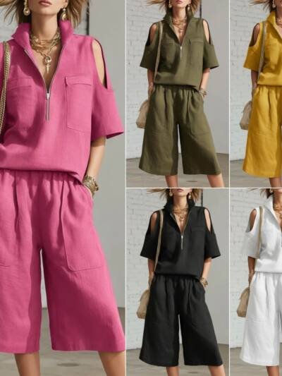 Womens Short-Sleeve Shirt And Shorts Loose Pants Two-Piece Set