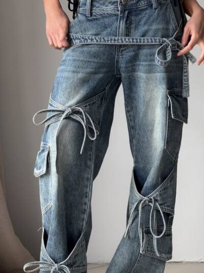 Denim Utility Jeans With Knot - Tied Elements