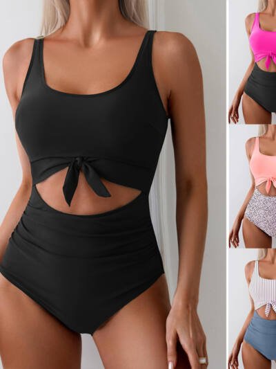 One-piece Female Stitching Contrast Color Strap Covered Belly Swimsuit