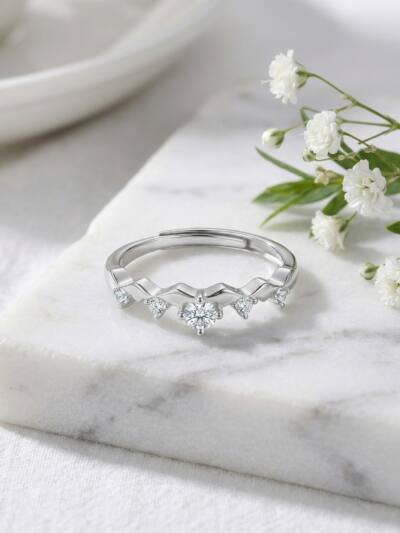 925 Sterling Silver Dainty Adjustable Silver Wave Ring Featuring Five Sparkling Round-Cut Stones