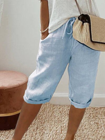 Women's Cotton And Linen Pocket Elastic Casual Shorts