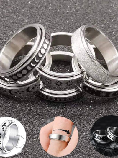 Stainless Steel Rotatable Spinner Ring Moon Stars Relieve Anxiety Rings