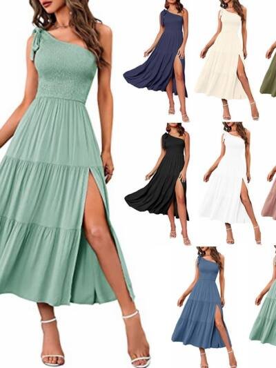 New Summer Fashion Women's One-shoulder Pleated Layered Hem Split Dress