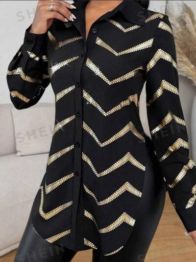 Lyxana Open Placket Foil Print Random Cut Shoulder Long Sleeve Cinched Waist Blouse Women Shirt