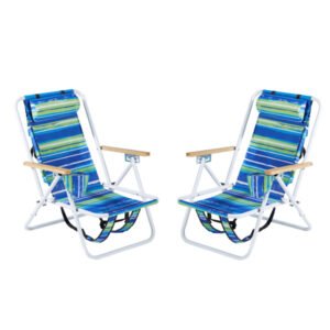 Folding Beach Chair Set Of 2 For Adults, 4 Position Portable Backpack Foldable Camping Chair With Headrest Cup Holder And Wooden Armrests, Blue & Green Stripes