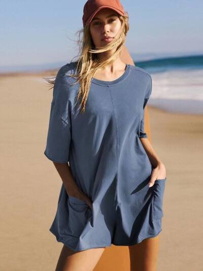 Women's Loose Short-sleeved Shorts Jumpsuit Summer Casual Backless Beach Overall Pants With Pockets