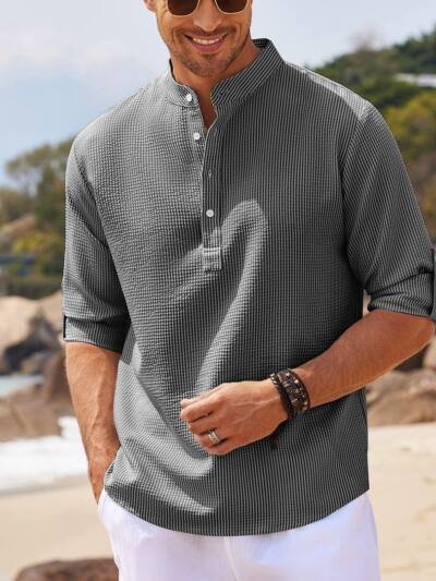 Men's Casual Shirt  Long Sleeve Stand Collar Solid Color Shirt Mens Clothing