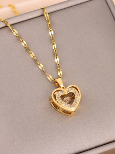 Double-layer Love Necklace With Rhinestones Titanium Steel Pendant Fashion Jewelry Woman Valentines Day Gift