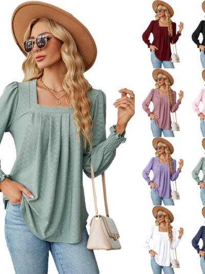 Jacquard Pleated Square Collar Long Sleeve Swallowtail Solid Color T-shirt For Women