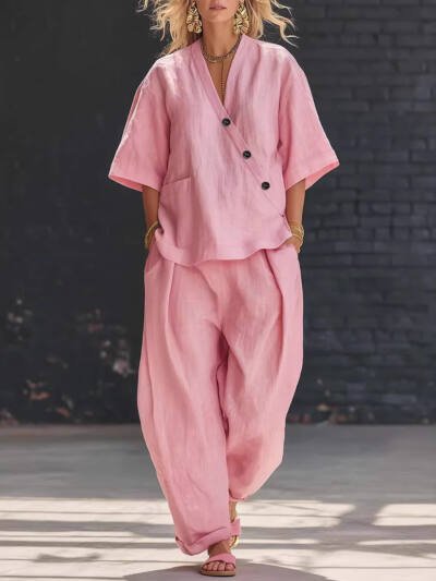 V-neck Loose-fit Short-sleeve Top And High-waist Trousers Two-piece Set