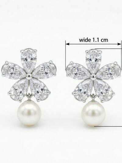 925 Sterling Silver Elegant Pear-Cut Crystal Flower and Pearl Drop Earrings