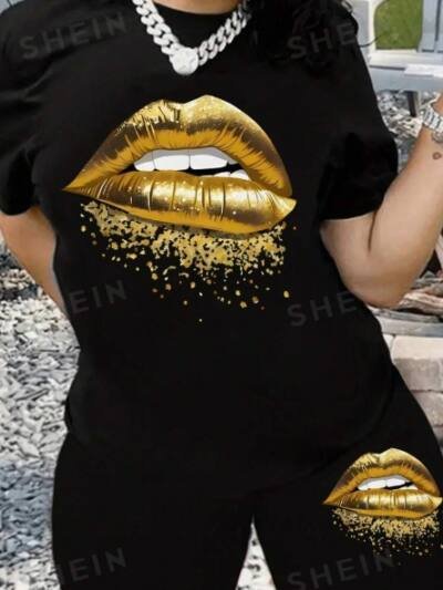 Women's Summer Casual Set Gold Lips Print Round Neck Short Sleeve T-Shirt And Shorts