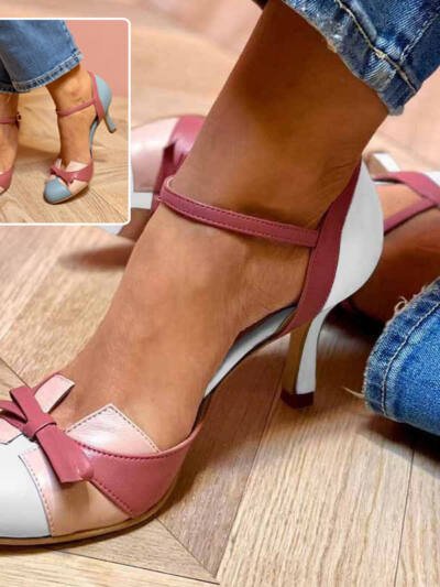 Ins Bow Sandals Summer Color-matching Pointed Toe Buckle High Heels Pumps Women's Shoes