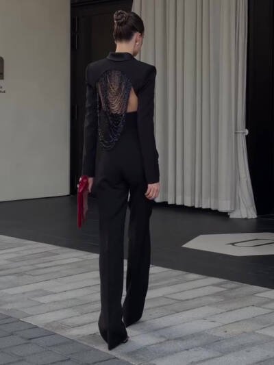 Black Backless Beaded Cropped Blazer & High Waist Pants Set