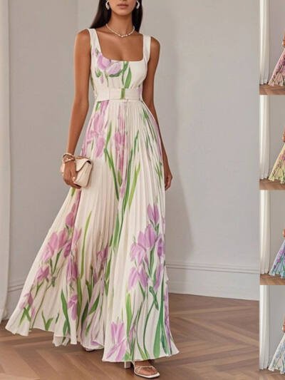 Floral Print Pleated Dress Summer A-Line Sleeveless Midi Dresses Women's Clothing