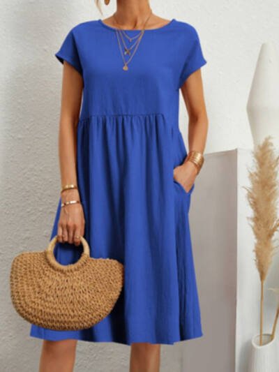 Summer Short-sleeved Dress With Pockets Fashion Solid Round Neck A-line Dresses For Women Clothing