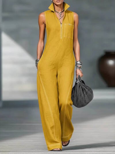 Stand-up Collar Jumpsuit With Pockets Summer Fashion Casual Sleeveless Jumpsuit Trousers Women's Clothing