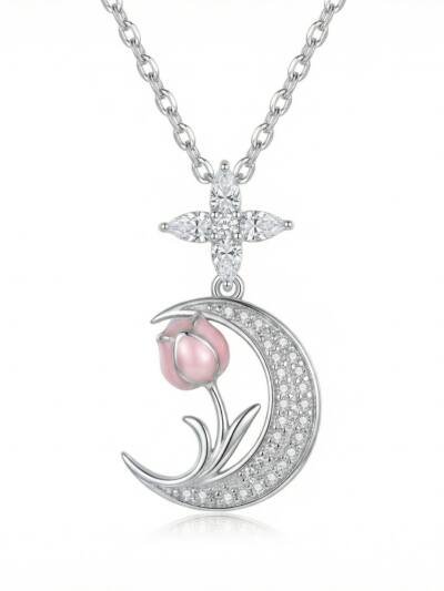 925 Sterling Silver Elegant Silver Crescent Moon Necklace Featuring a Delicate Pink Tulip Pendant