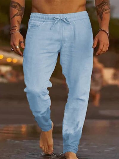 Men's Solid Color Drawstring Cotton Linen Loose Casual Beach Pants