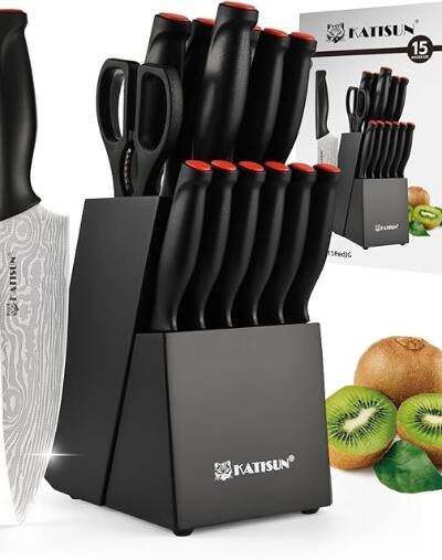 Damascus Pattern 15-Piece Kitchen Knife Set With Block, High Carbon Steel Chef Knife, Includes Sharpener And Scissors, Ergonomic Black Anti-Slip Handle And Red Trim, Perfect For Professionals