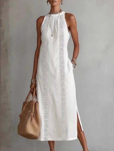 Neck-Strap Holiday Solid-Colored Lace-Patchwork Sleeveless Dress