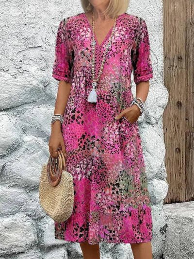 Summer V-neck Half-sleeved Dress With Pockets Fashion Ethnic Print Dresses Beach Holiday Clothing For Women