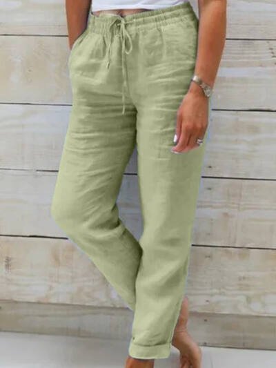 Elastic Waist Solid Cotton Hemp Pants