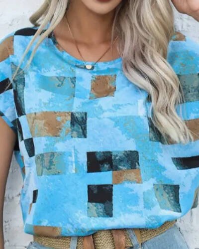 Women's Chic Geometric Aztec Print T-Shirt - Casual Crew Neck, Durable Non-Stretch Fabric, Ideal For Summer Wear