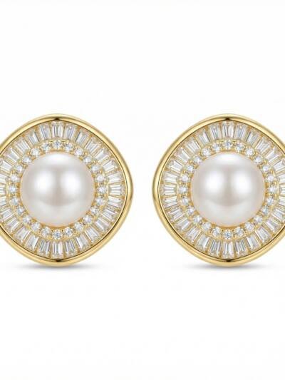 925 Sterling Silver Elegant Pearl Stud Earrings with Baguette and Round Diamond Sunburst Halo