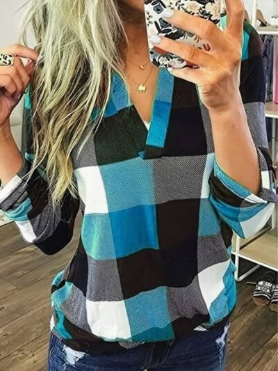 Stylish Plaid Flannel Shirt - Soft Long Sleeve V-Neck Top With Relaxed Fit For Everyday Wear, Women's Casual Clothing For Autumn And Winter Season