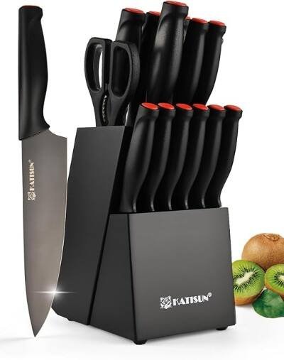 15-Piece Knife Set, High Carbon Stainless Steel Imported From Germany, Beveled Mercerized Blade, Black Titanium Stainless Steel Knives Block Set With Built-in Sharpener, Non-Slip Handles