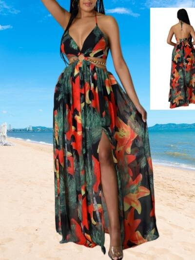 Elegant Womens Floral Print Halter V-neck Backless Side-Slit Dress Cut Out Waist Chain Sleeveless High Side Split Fit Flare Maxi Long Dresses