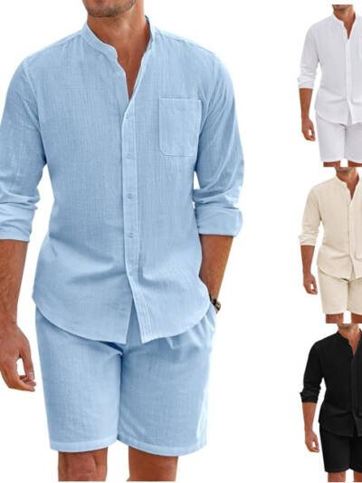 Men's Summer Two-piece Polyester Button Shirt Long Sleeve Shorts