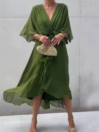 Batwing Sleeve V-neck Dress Summer Pure Color Tied Irregular Long Dresses Womens Clothing