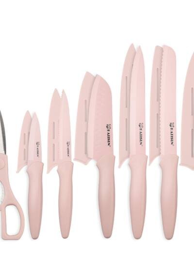 Kitchen Knife Set With Guards, 13 Piece Pink Non-Stick Boxed Knives Set, Anti-Rust And Dishwasher Safe, 6 Knives With 6 Blade Covers And Kitchen Shears