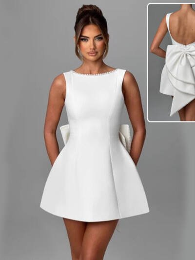 Fashion Big-Bowed Pearls Backless Dress Summer Slim Sleeveless A-line Dresses For Party Evening Women's Clothing