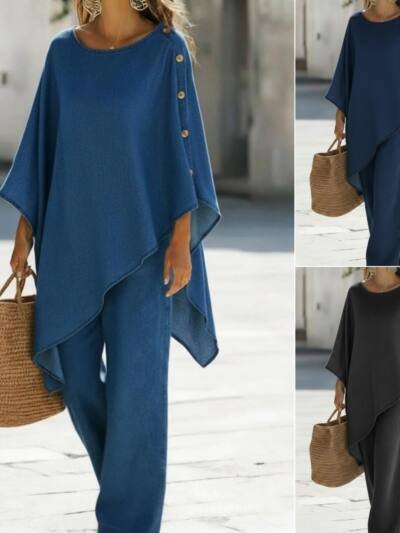 Womens Casual Solid-Color Loose Top And Pants Set