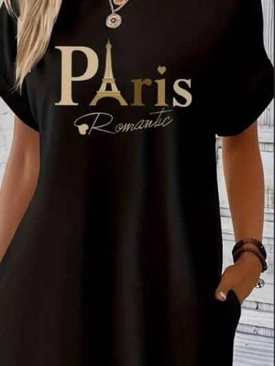 Midi Paris Print Crew Neck Tunic Dress - Geometric Pattern, Mid Elasticity, Semi-Sheer, Dual Pockets, Loose Fit, Machine Washable, Perfect For Spring, Summer, And Fall - Womens Casual Short Sleeve Pol