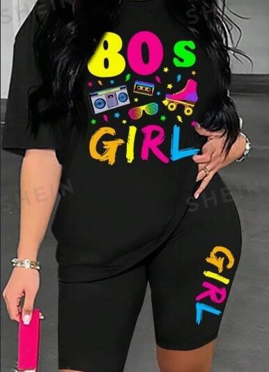 Women's Letter Printed Round Neck T-Shirt And Shorts Set