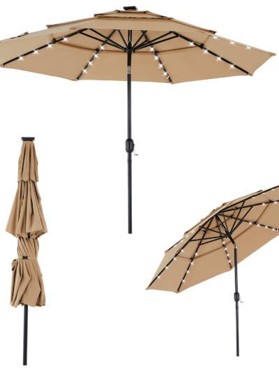 10FT 3-Tier Solar Patio Umbrella With 32 LED Lights, Outdoor Umbrellas With Push Button Tilt And Crank