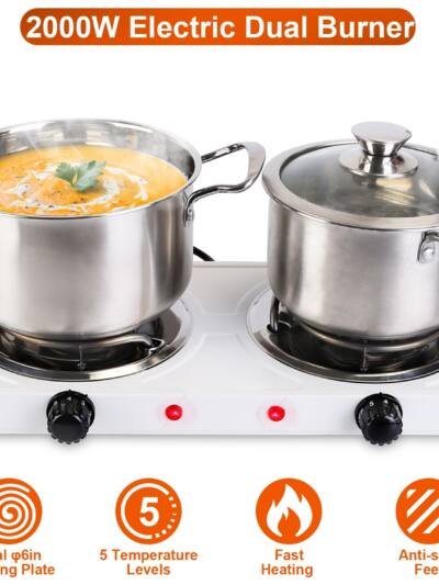 2 Color Options -- 1Pc 2000W Electric Double Burner For Spring Season Cooking Portable Coil Heating Hot Plate Stove Countertop RV Hotplate With Non Slip Rubber Feet 5 Temperature Adjustments
