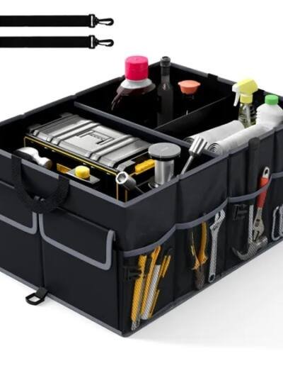 13 Gallon Car Trunk Organizer - 3 Compartments+6 Pockets, 600D Oxford Fabric, Non-Slip Base, Black