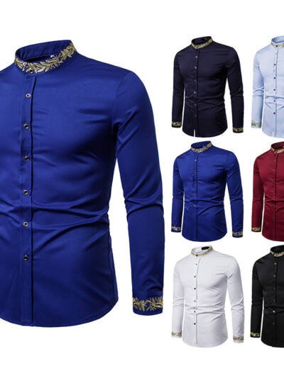 Gold Embroidery White Shirt Men Brand New Stand Collar Mens Dress Shirts Casual Slim Long Sleeve Chemise Homme Camisa Masculina