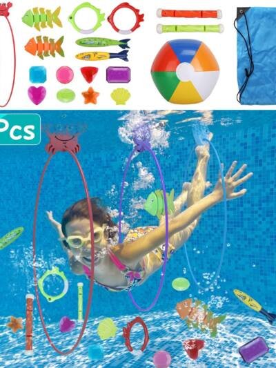 Set Of 24Pcs Diving Toys Swimming Pool Toys Swim Toys For Kids Above Aged 3 Years Old Swim Thru Rings Torpedoes Gems Volleyball Storage Bag
