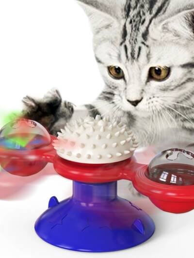 Cat Entertainment Set- Interactive Rotating Disk, Feather Teasers, Tumbler, Windmill Toy - Keeps Cats Active & Engaged
