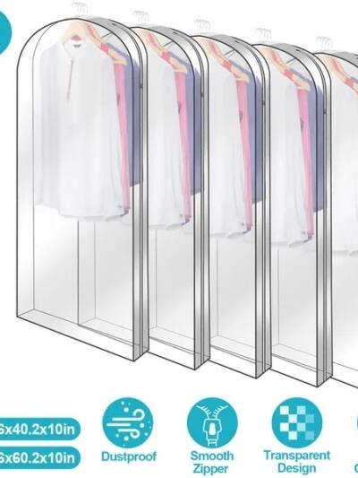 5 Pack Garment Bag For Hanging Clothes Dustproof Waterproof Hanging Clothes Storage Bag Clear Transparent Suits Cover For Sweater Jacket Coat Dress Shirt