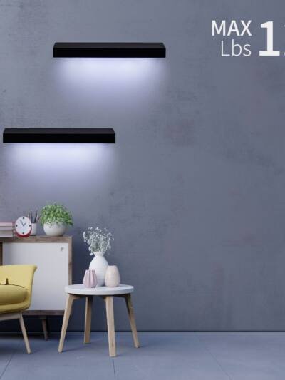 Floating Shelves  15.75 Wall Mounted Wood Shelves For Bathroom, Bedroom, Living Room, Kitchen, Hanging Shelf For Books Storage Decor With Invisible Brackets, Built-in LED Lighting, Black