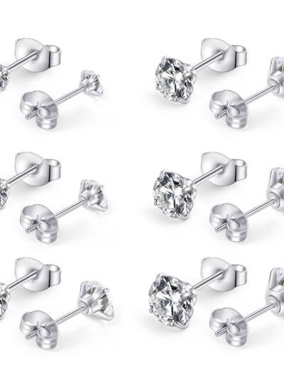 Huazi Diamond, Butterfly Buckle Titanium Steel Stud Earrings 6 Pairs