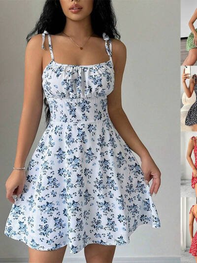 Floral Print Dress Summer Sweet A- Line Waist Trimming Dresses Women's Slimming Casual Clothing